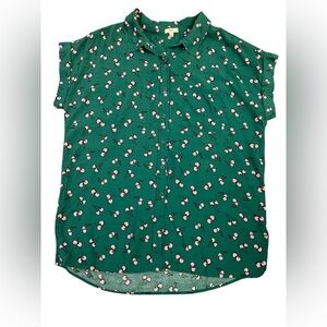 Kori America Green Button Down with Pink Cherries Size L